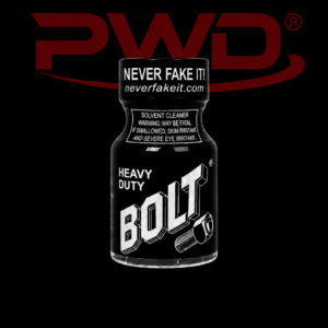 Promotional image of a small black bottle of PWD Heavy Duty Bolt solvent cleaner featuring bold silver ‘BOLT’ lettering, warning text, and the slogan ‘NEVER FAKE IT!’ on the cap, set against a black background with a large red PWD logo