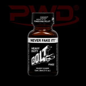 Promotional image of a 30ml bottle of PWD Heavy Duty Bolt solvent cleaner with a black label and cap, featuring bold metallic ‘BOLT’ lettering and the slogan ‘NEVER FAKE IT!’ against a dark background with a large red PWD logo