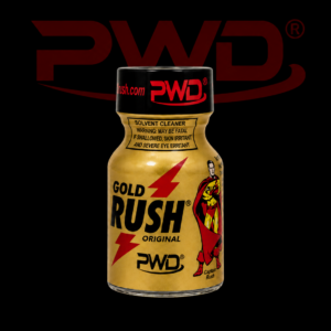 Promotional image of a small gold bottle of PWD Gold Rush Original solvent cleaner with red lightning bolt graphics, a comic-style superhero illustration, warning labels, and a black PWD-branded cap, displayed against a black background with a large red PWD logo.