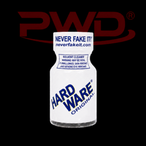 Promotional image of a small white bottle of PWD Hardware Original solvent cleaner with blue ‘HARD WARE ORIGINAL’ branding, warning text, and the slogan ‘NEVER FAKE IT!’ on the cap, displayed against a black background with a large red PWD logo.