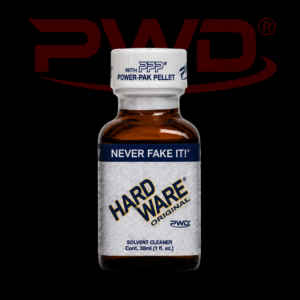 Promotional image of a 30ml bottle of PWD Hardware Original solvent cleaner with a white and blue label featuring the slogan ‘NEVER FAKE IT!’ and a white PPP Power-Pak Pellet cap, displayed against a black background with a large red PWD logo