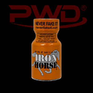 “Promotional image of a small orange bottle of PWD Premium Iron Horse solvent cleaner with a silver horse graphic, warning labels, and the slogan ‘NEVER FAKE IT!’ on the cap, displayed against a black background with a large red PWD logo.