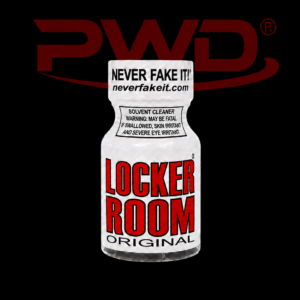 Promotional image of a small white bottle of PWD Locker Room Original solvent cleaner with bold red ‘LOCKER ROOM’ branding, warning labels, and the slogan ‘NEVER FAKE IT!’ on the cap, displayed against a black background with a large red PWD logo.