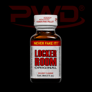 Promotional image of a 30ml bottle of PWD Locker Room Original solvent cleaner with a white, red, and black label featuring the slogan ‘NEVER FAKE IT!’ and a white PPP Power-Pak Pellet cap, displayed against a black background with a large red PWD logo.