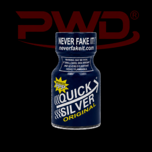Promotional image of a small blue bottle of PWD Quick Silver Original solvent cleaner with silver arrow graphics, yellow accents, warning labels, and the slogan ‘NEVER FAKE IT!’ on the cap, displayed against a black background with a large red PWD logo.