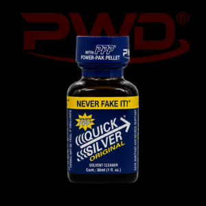 Promotional image of a 30ml bottle of PWD Quick Silver Original solvent cleaner with a blue and yellow label, silver arrow graphics, ‘NEVER FAKE IT!’ branding, and a blue PPP Power-Pak Pellet cap, displayed against a black background with a large red PWD logo.