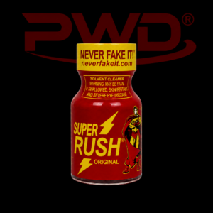 Promotional image of a small red bottle of PWD Super Rush Original solvent cleaner with yellow lightning bolt graphics, a comic-style superhero illustration, warning labels, and the slogan ‘NEVER FAKE IT!’ on the cap, displayed against a black background with a large red PWD logo.