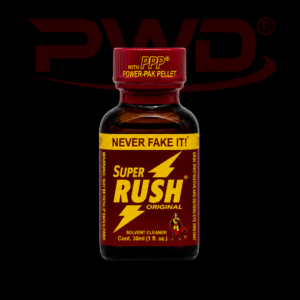Promotional image of a 30ml bottle of PWD Super Rush Original solvent cleaner with a red and yellow label, lightning bolt graphics, ‘NEVER FAKE IT!’ branding, and a red PPP Power-Pak Pellet cap, displayed against a black background with a large red PWD logo.