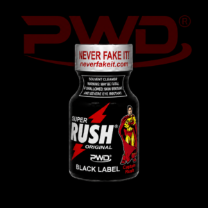 Promotional image of a small black bottle of PWD Super Rush Original Black Label solvent cleaner with red lightning bolt graphics, a comic-style superhero illustration, warning labels, and the slogan ‘NEVER FAKE IT!’ on the cap, displayed against a black background with a large red PWD logo.