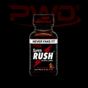 Promotional image of a 30ml bottle of PWD Super Rush Black Label solvent cleaner with a black label, red lightning bolt graphics, ‘NEVER FAKE IT!’ branding, and a black PPP Power-Pak Pellet cap, displayed against a black background with a large red PWD logo.